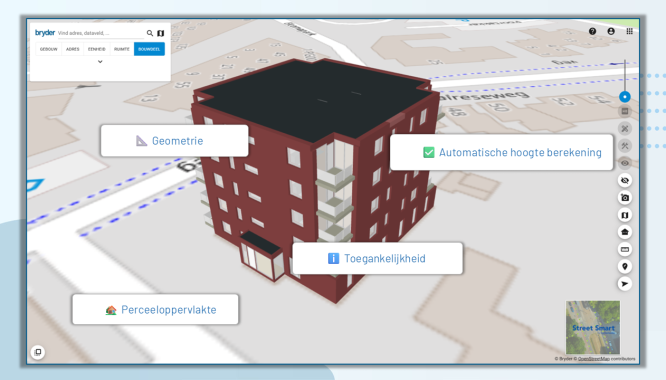 Visualisatie van een Digital Twin-oppervlakteberekening in Bryder, met een 3D-model van een gebouw op een kaart en een interface die meetregels toont volgens NEN2580 en WWS.